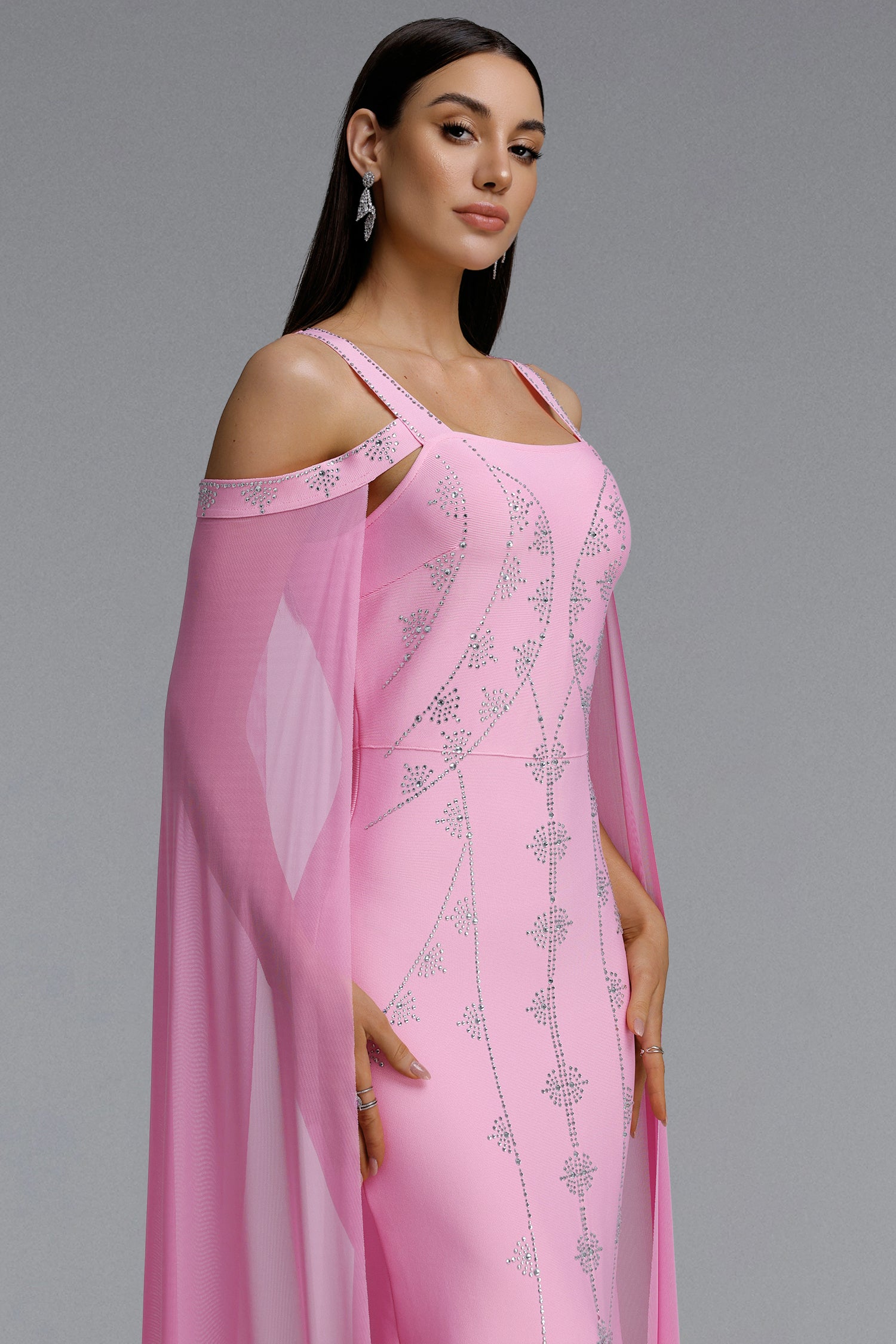 Kawko Romantic Contour Wide Strap Square Neck Symmetric Rhinestone Chiffon Cape Slit Bandage Maxi Dress