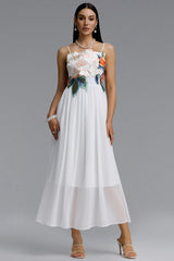 Takada Romantic Contour Spaghetti Strap Floral Chiffon White Maxi Dress