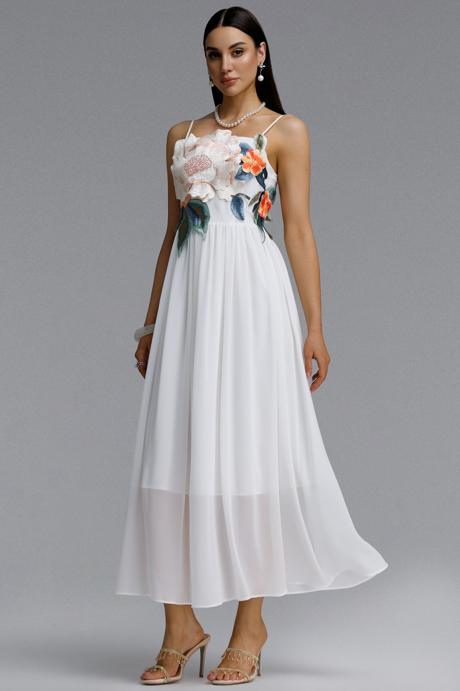 Takada Romantic Contour Spaghetti Strap Floral Chiffon White Maxi Dress