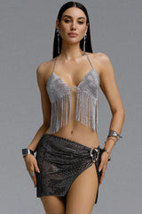 Mignon Edgy Rhinestone Chain Halter Deep V Fringe Crop Top