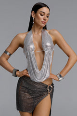 Quanne Sexy Chainmail Halter Deep V Cowl Neck Cut Out Top