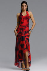 Kimivi Contour Halter U Neck Floral Print Knotted Maxi Dress
