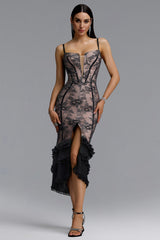 Gusia Glamorous Contour Spaghetti Strap Corset V Neck Lace Slit Ruffle Bandage Midi Dress