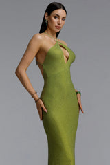 Nailah Edgy Contour Twist Halter Cut Out Full Sequin Fluorescent Maxi Dress