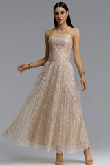 Elissa Romantic Contour Strapless Rhinestone Floral Lace Maxi Dress