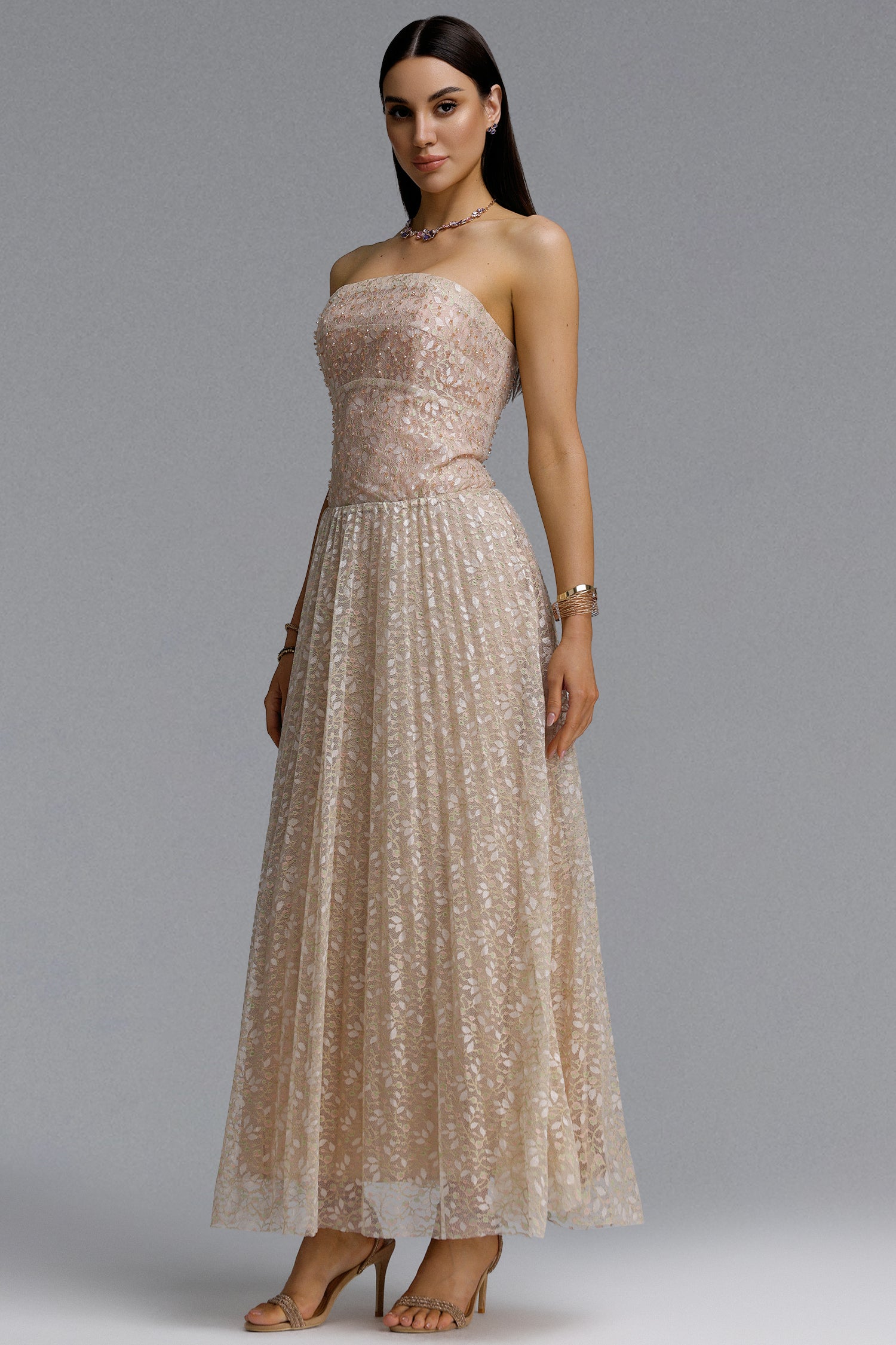 Elissa Romantic Contour Strapless Rhinestone Floral Lace Maxi Dress