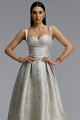 Dotty Elegant Contour Spaghetti Strap Sweetheart Jacquard Midi Dress