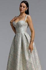 Dotty Elegant Contour Spaghetti Strap Sweetheart Jacquard Midi Dress
