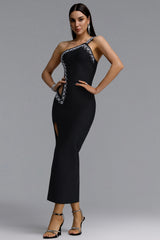 Ikala Chic Contour One Shoulder Rhinestone Cut Out High Slit Bandage Maxi Dress
