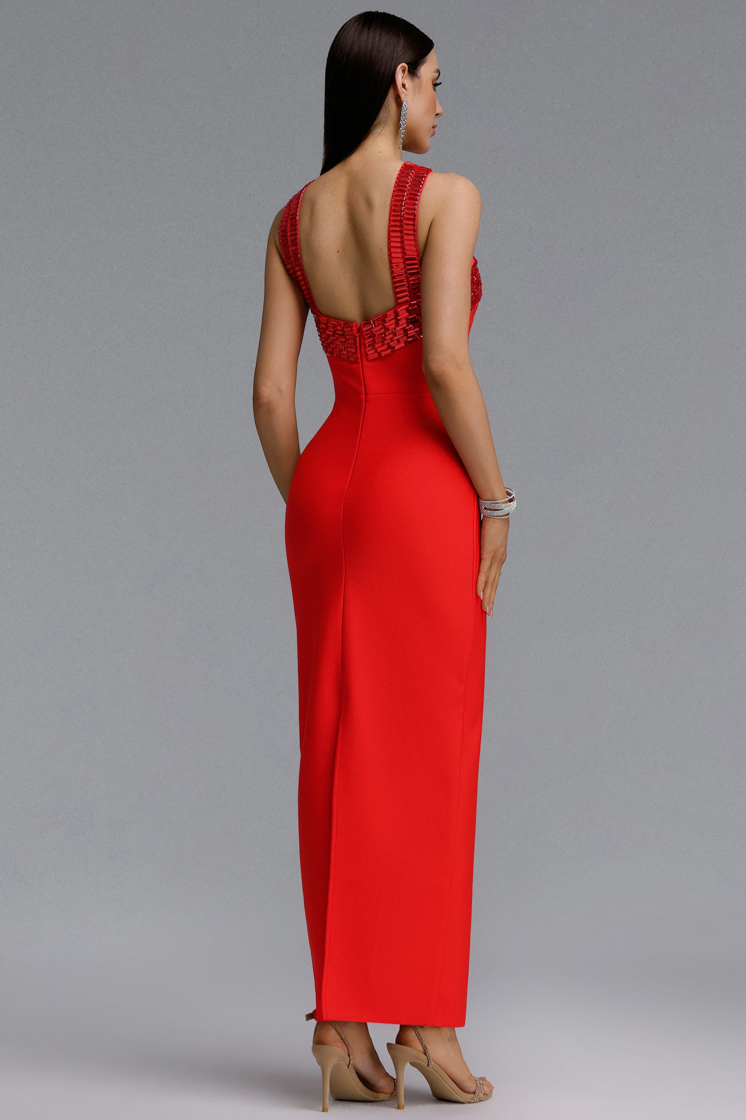 Riza Chic Contour Halter Rhinestone Bandage Red Maxi Dress