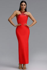 Riza Chic Contour Halter Rhinestone Bandage Red Maxi Dress