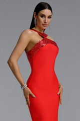 Riza Chic Contour Halter Rhinestone Bandage Red Maxi Dress