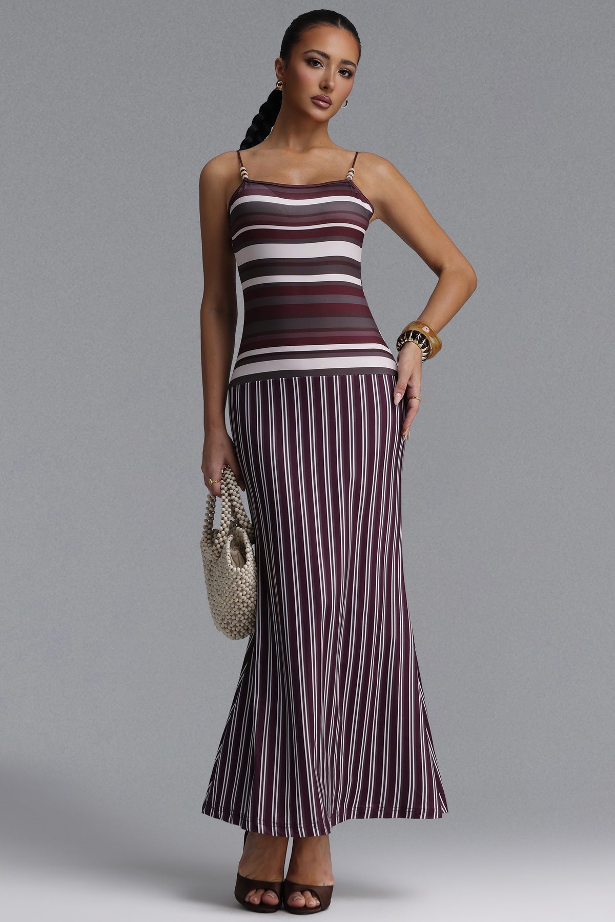 Nomi Resort Contour Beaded Spaghetti Strap Striped Woven Maxi Dress