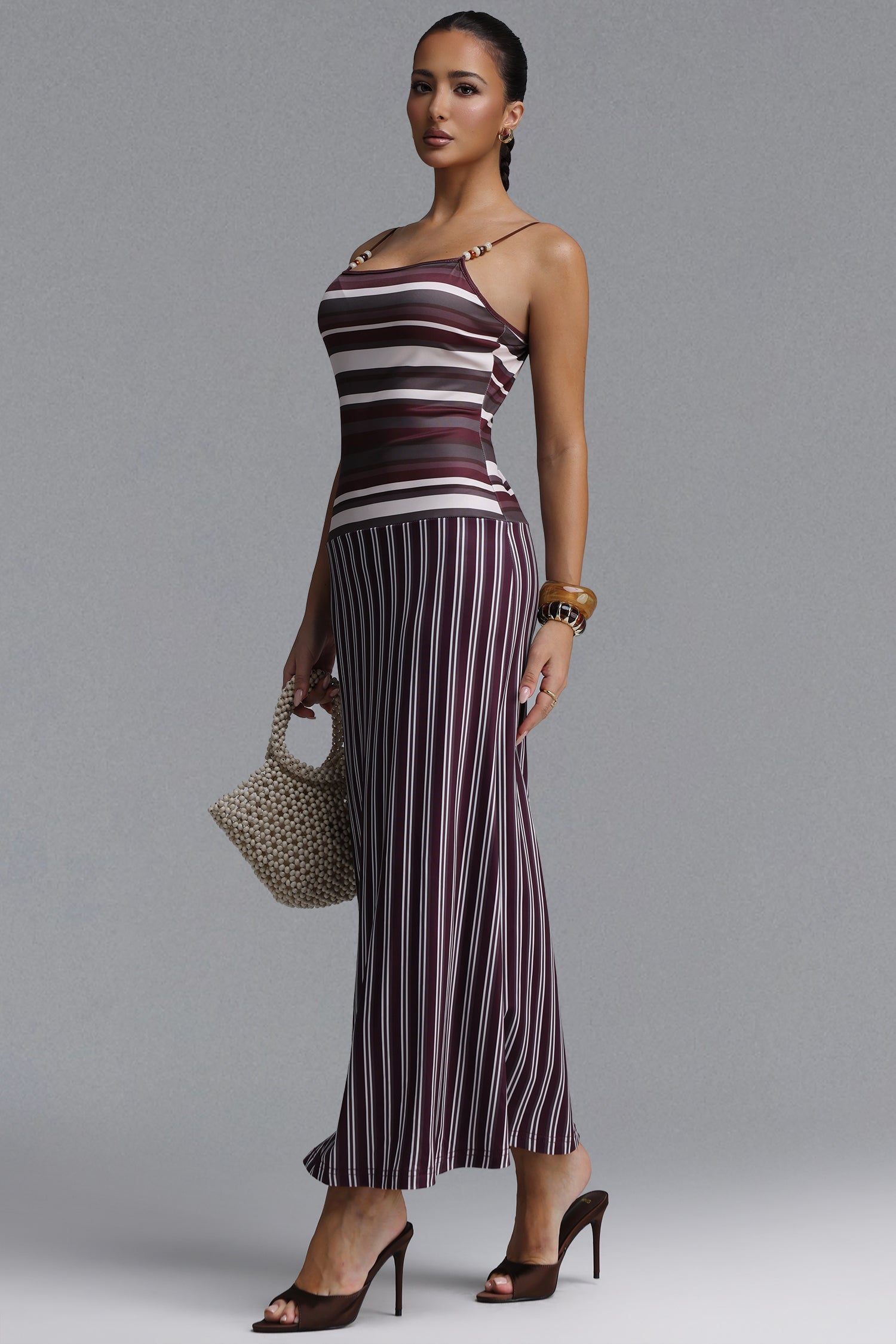 Nomi Resort Contour Beaded Spaghetti Strap Striped Woven Maxi Dress