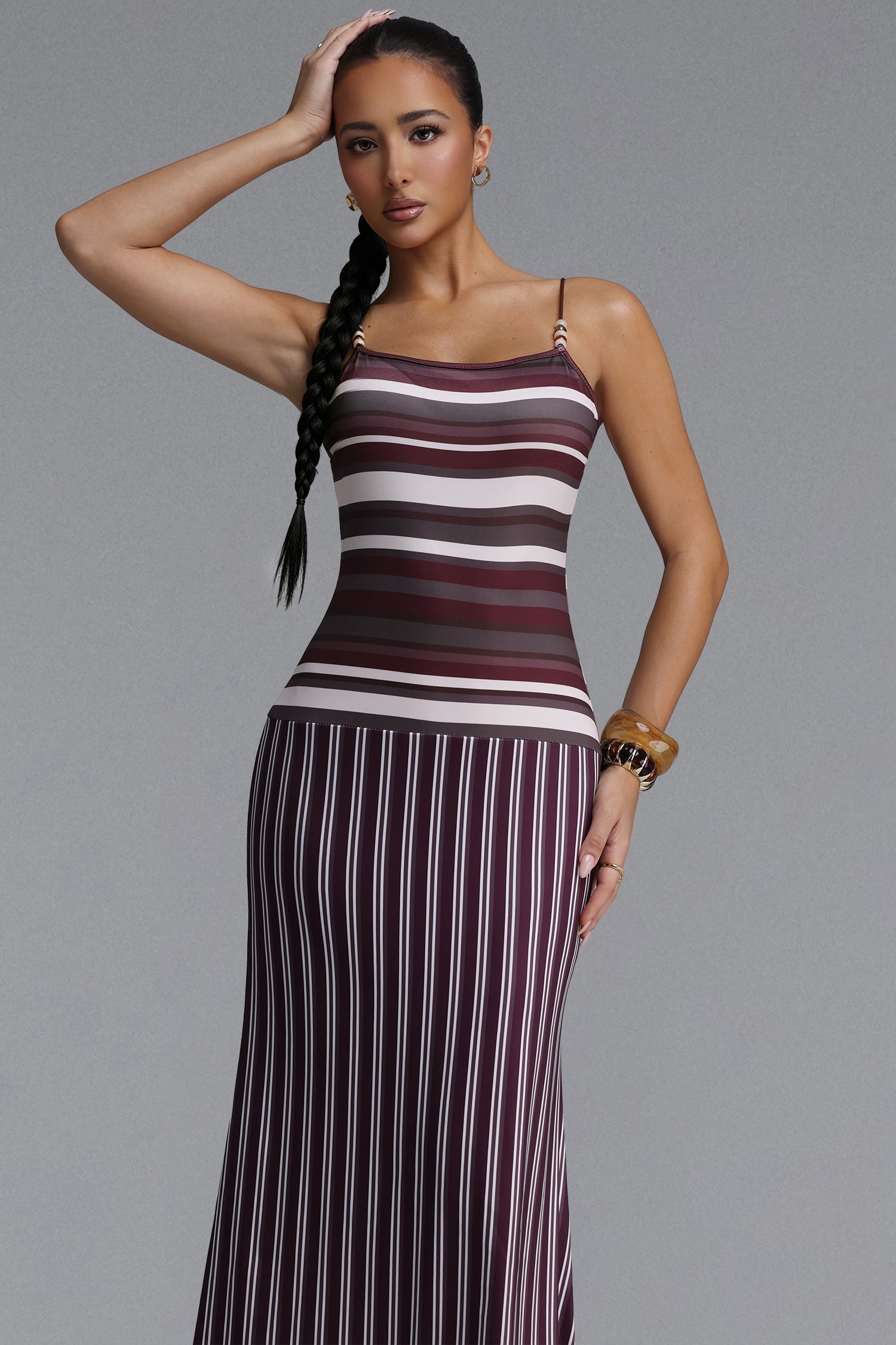Nomi Resort Contour Beaded Spaghetti Strap Striped Woven Maxi Dress
