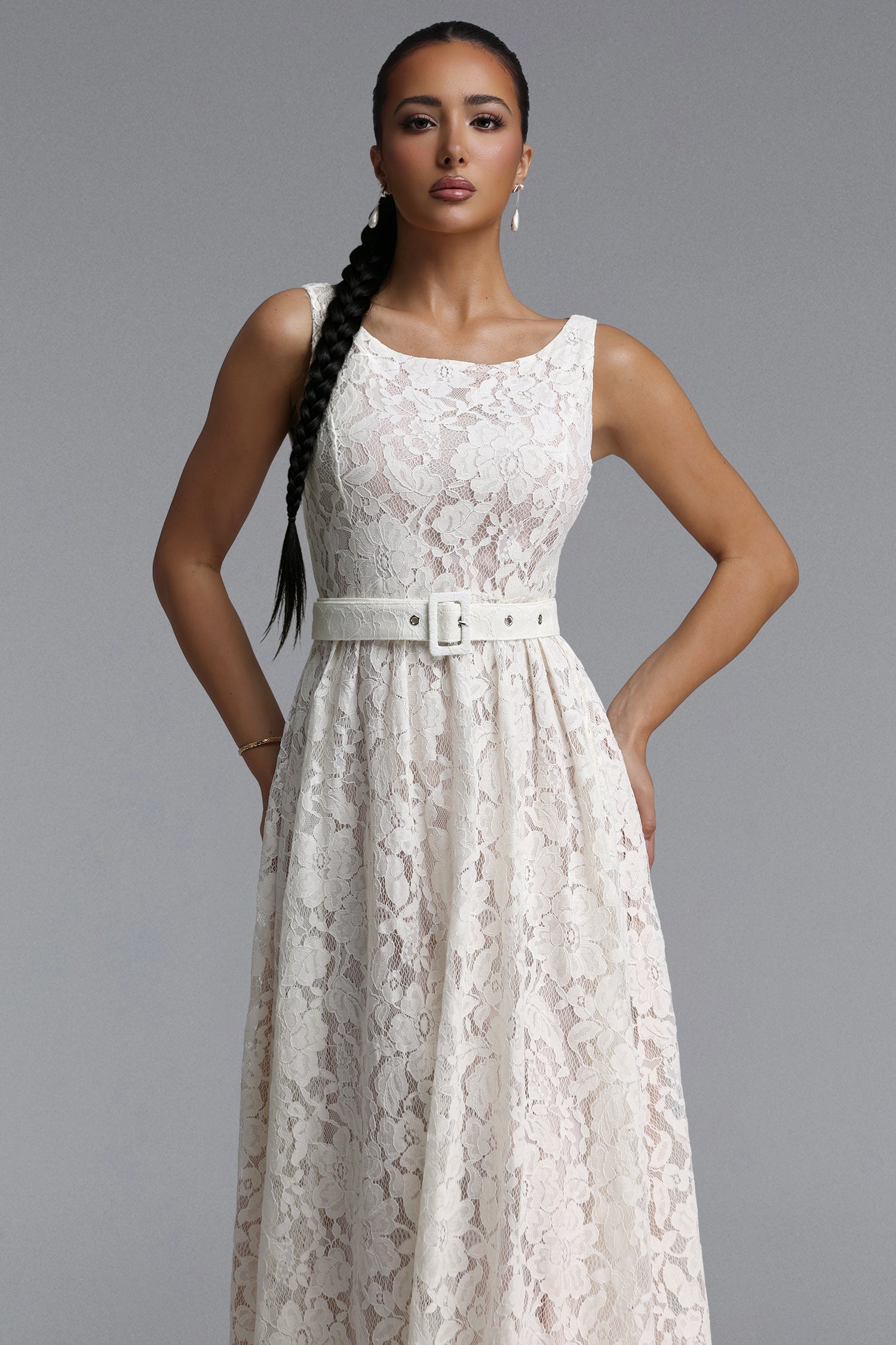 Verna Elegant Cinched Round Neck Sleeveless Floral Lace Maxi Dress