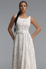 Verna Elegant Cinched Round Neck Sleeveless Floral Lace Maxi Dress