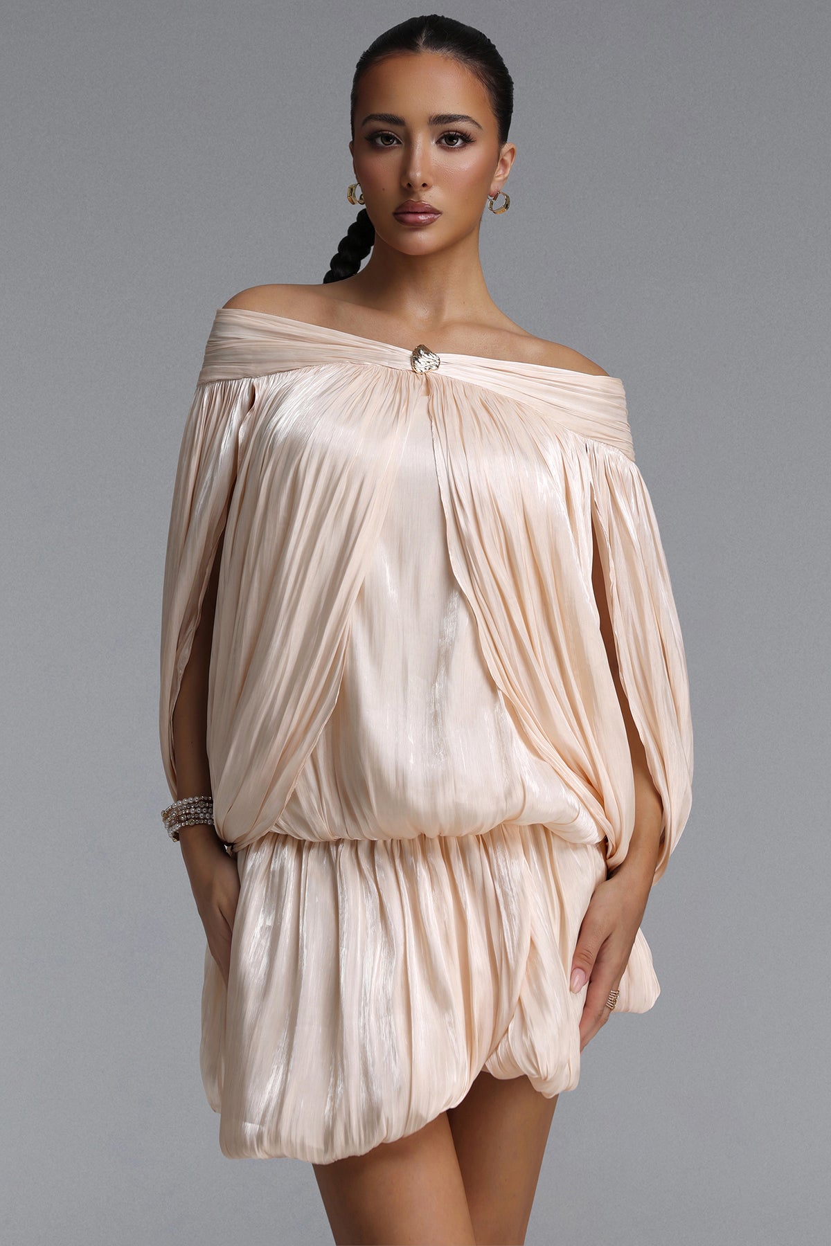 Fawn Resort Flowy Off Shoulder Shimmer Satin Mini Dress