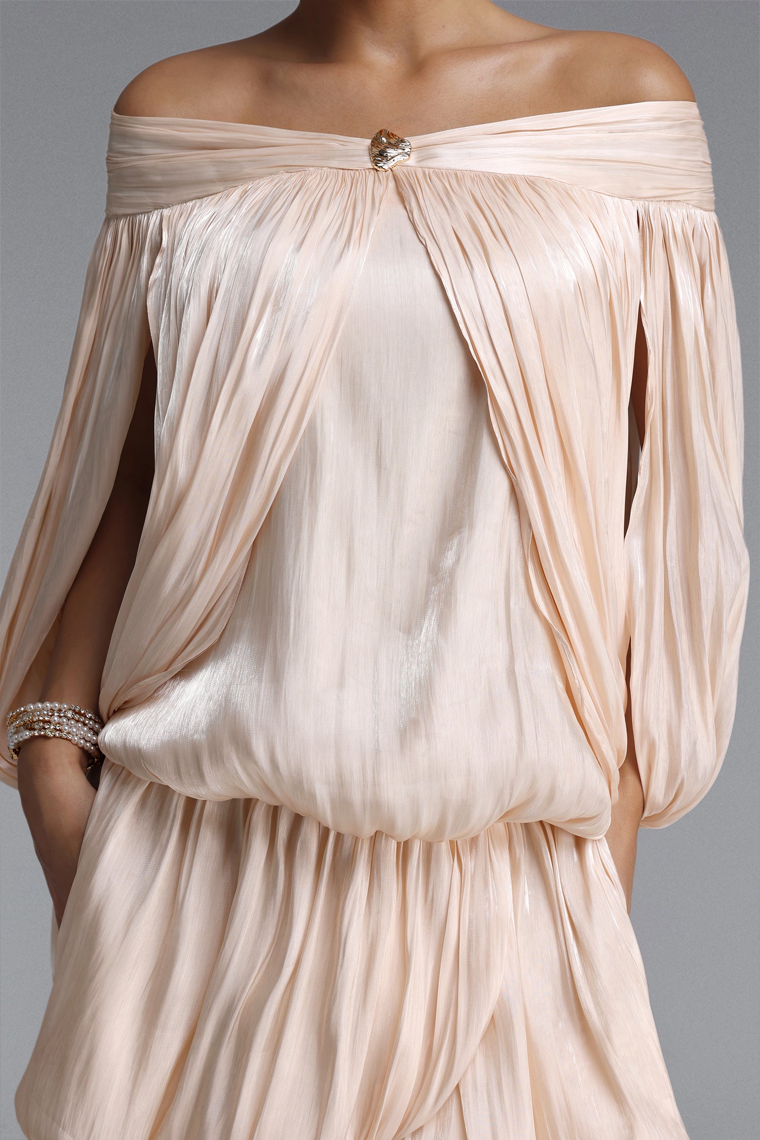 Fawn Resort Flowy Off Shoulder Shimmer Satin Mini Dress