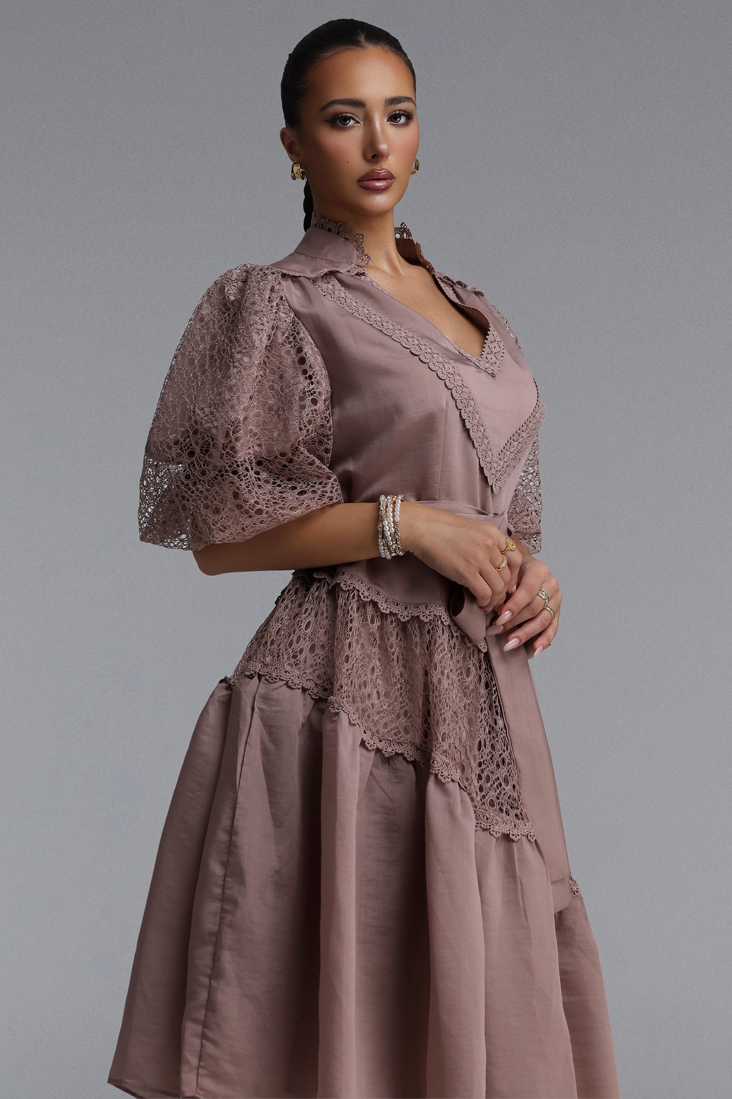 Kila Resort Flowy V Neck Puff Sleeve Woven DustyRose Mini Dress