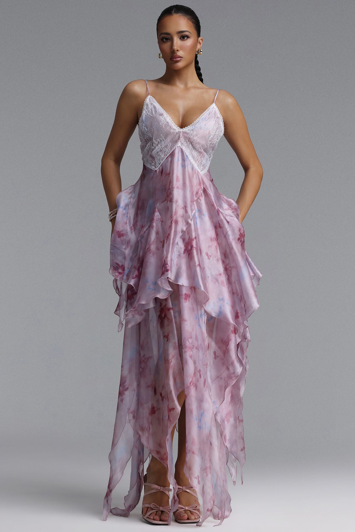 Yuni Resort Flowy Spaghetti Strap Lace Trimmed Asymmetric Ruffle Woven Maxi Dress