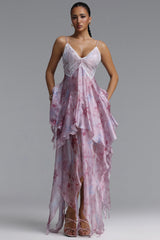 Yuni Resort Flowy Spaghetti Strap Lace Trimmed Asymmetric Ruffle Woven Maxi Dress