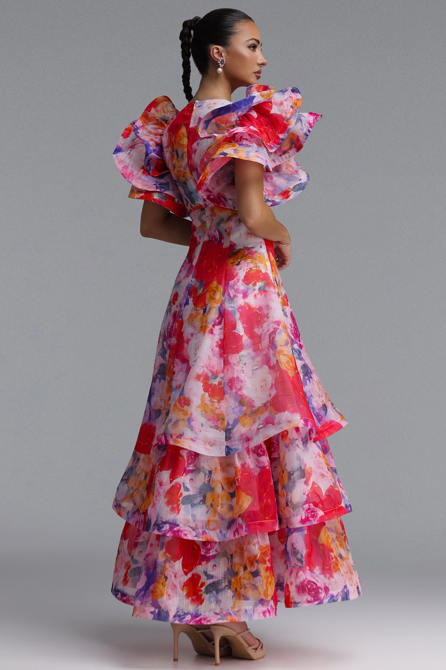 Wenie Printed V-Neck Folds Layered Maxi Dress