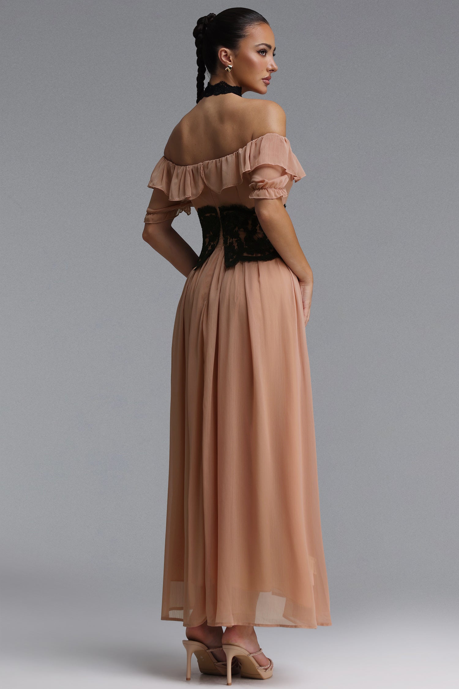 Lorin Resort Flowy Off Shoulder Ruffle Lace Trimmed Chiffon Maxi Dress