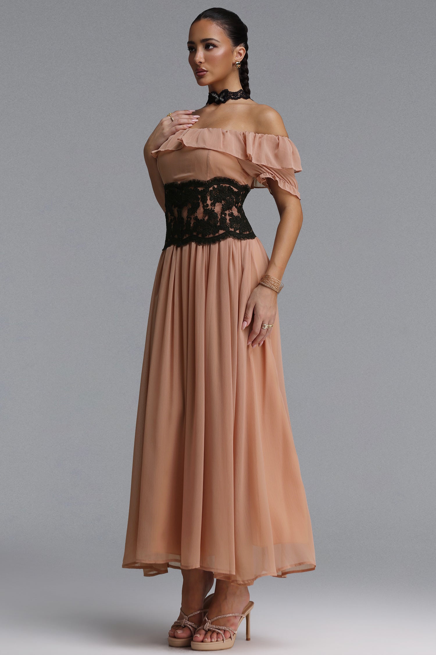 Lorin Resort Flowy Off Shoulder Ruffle Lace Trimmed Chiffon Maxi Dress