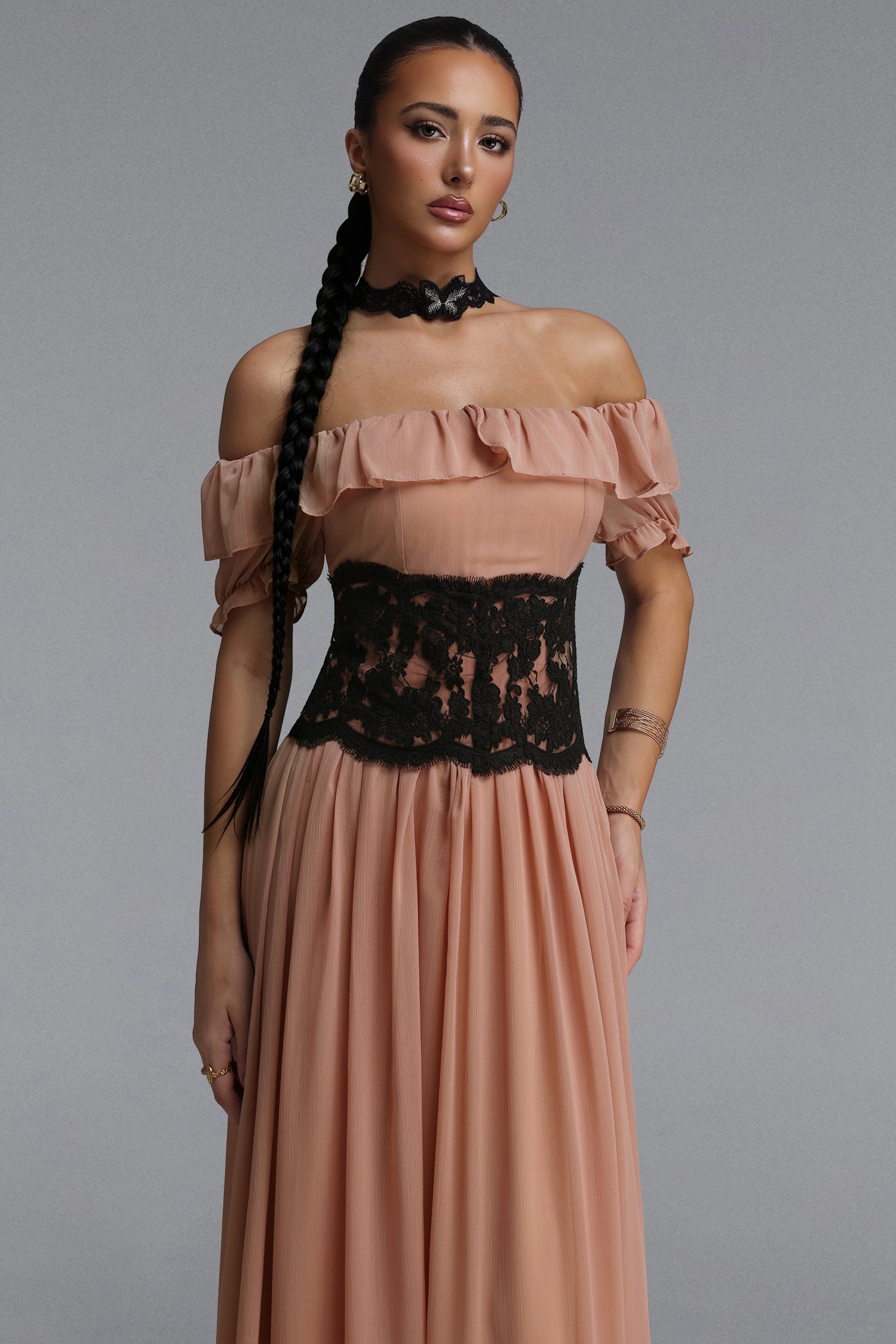 Lorin Resort Flowy Off Shoulder Ruffle Lace Trimmed Chiffon Maxi Dress