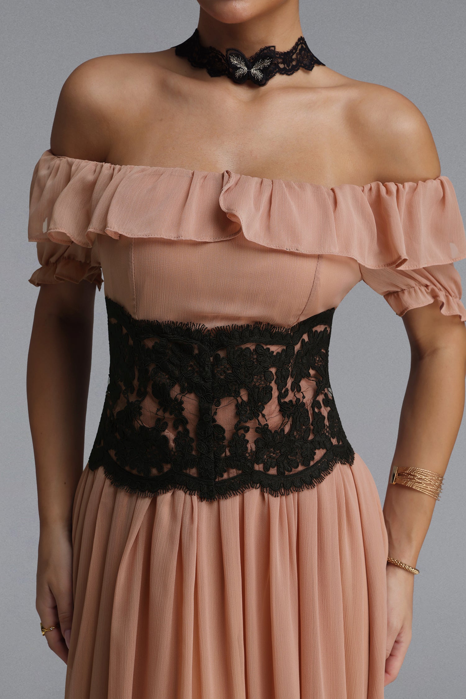 Lorin Resort Flowy Off Shoulder Ruffle Lace Trimmed Chiffon Maxi Dress