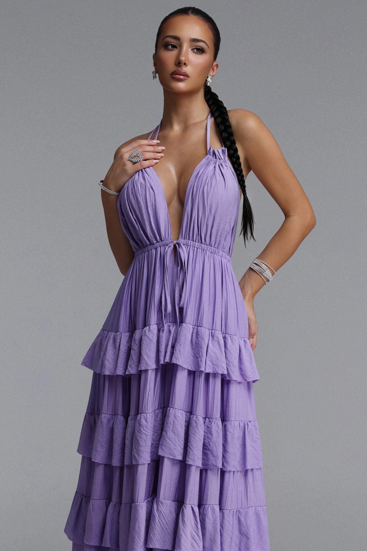 Lliana Resort Flowy V Neck Sleeveless Ruffle Woven Maxi Dress