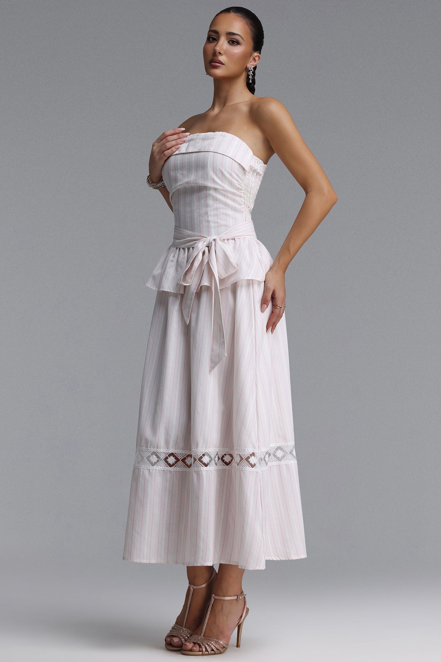 Mindi Chic Tailored Sleeveless Ruffle Striped Woven Maxi Dress