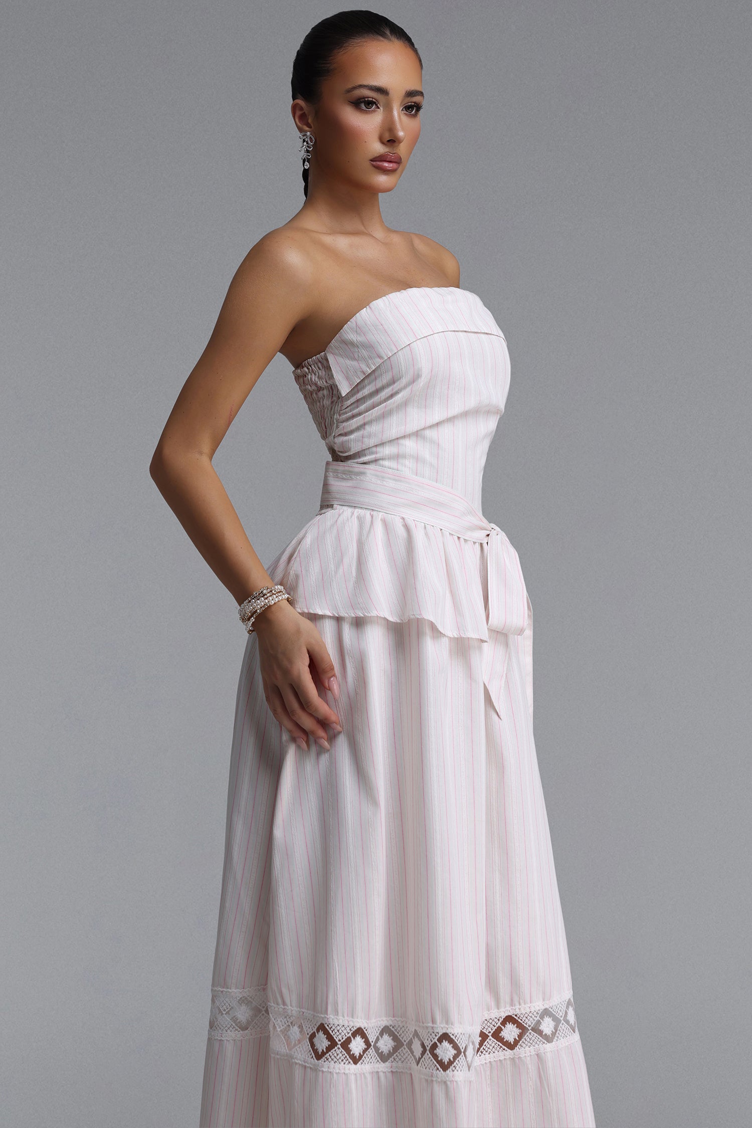 Mindi Chic Tailored Sleeveless Ruffle Striped Woven Maxi Dress