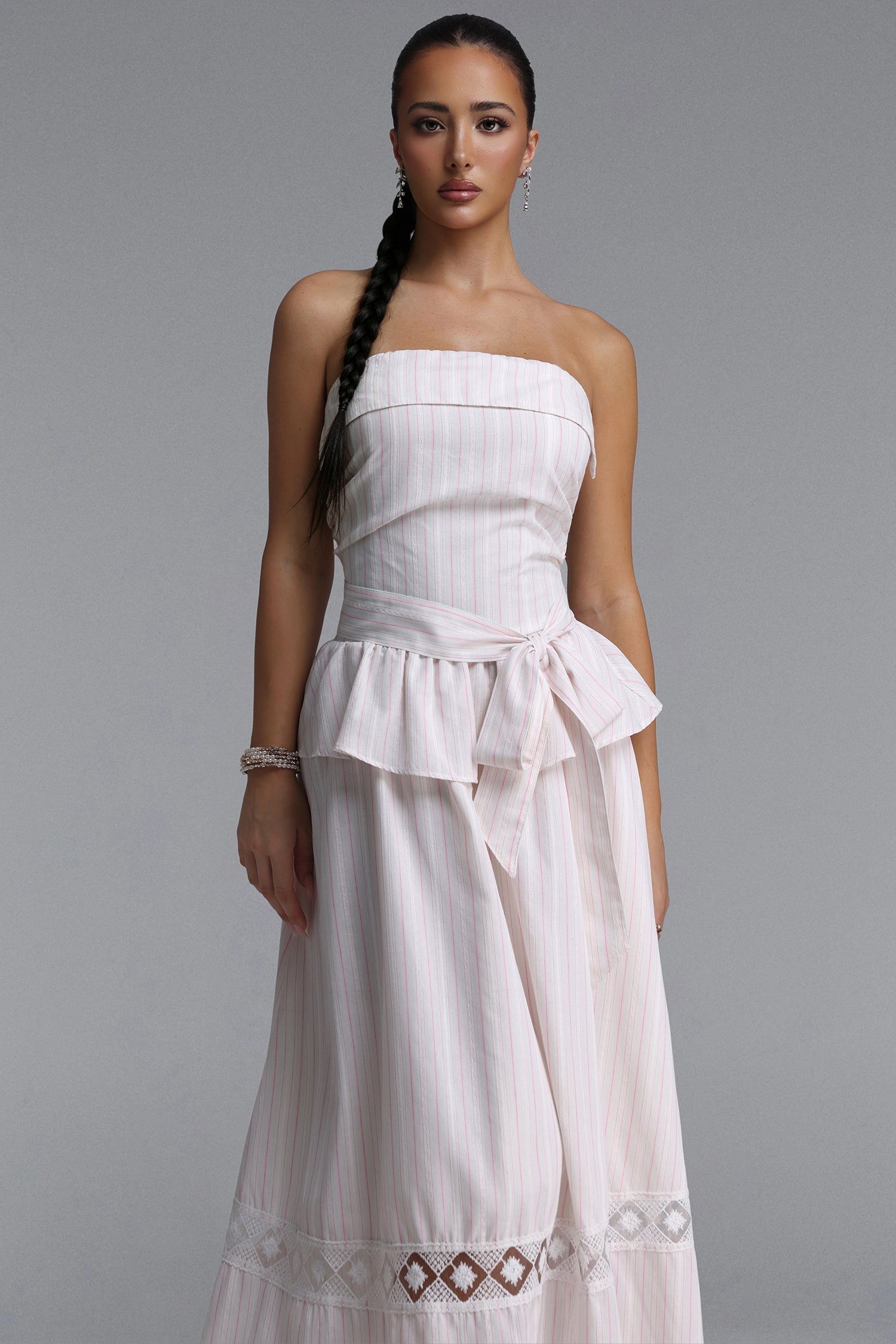 Mindi Chic Tailored Sleeveless Ruffle Striped Woven Maxi Dress