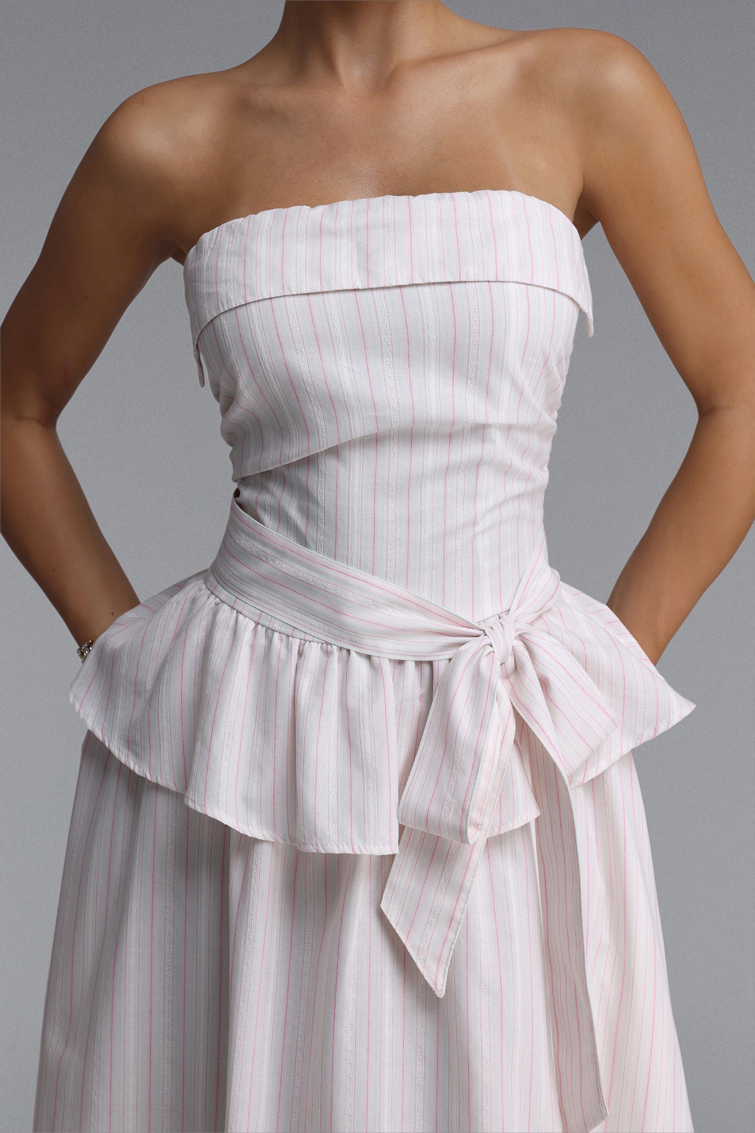 Mindi Chic Tailored Sleeveless Ruffle Striped Woven Maxi Dress