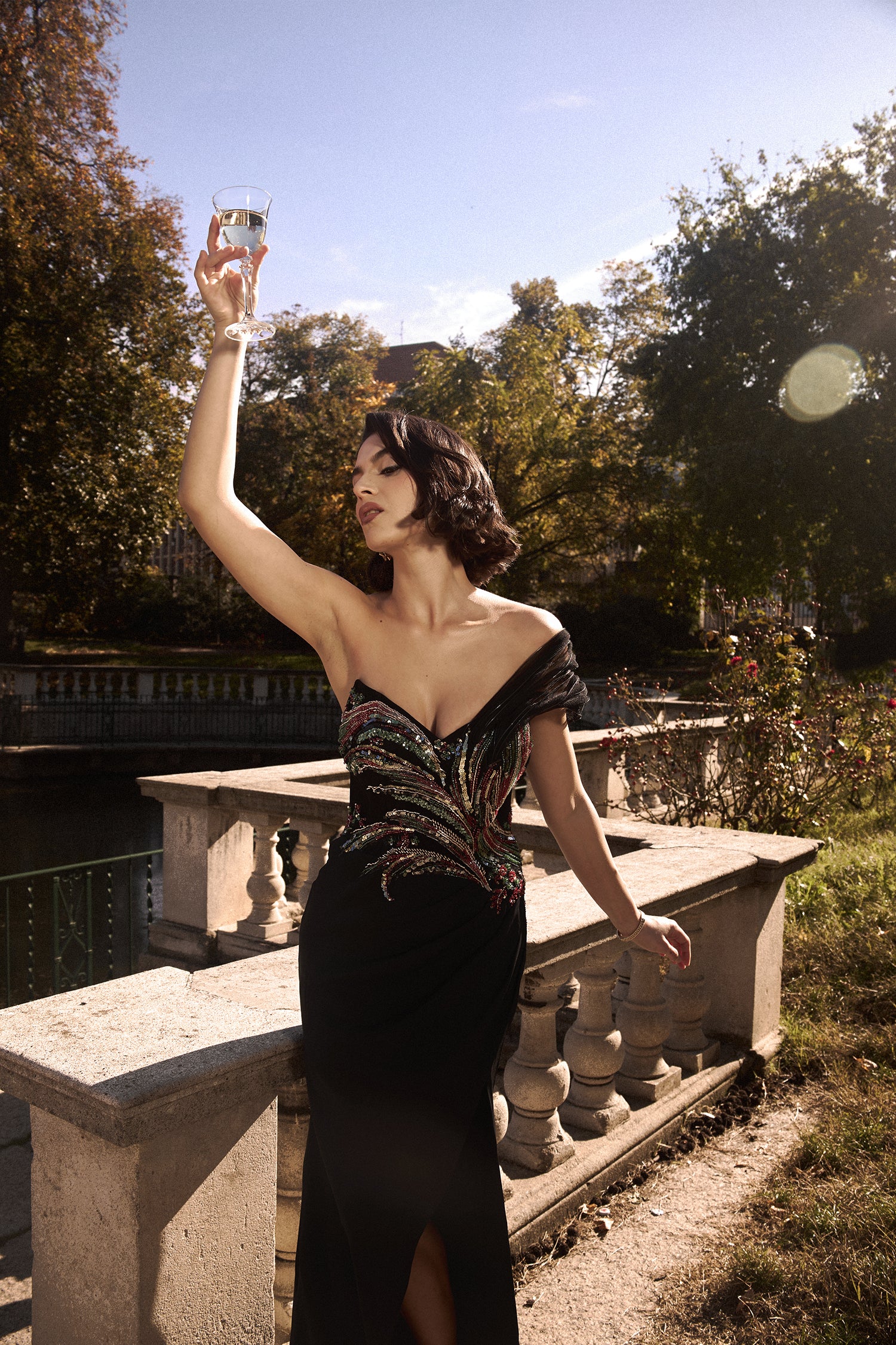 Stolen Strapless Sequin Embroidered Slit Bandage Maxi Dress