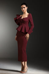 Faray Ruffled Long Sleeves Red Maxi Dress