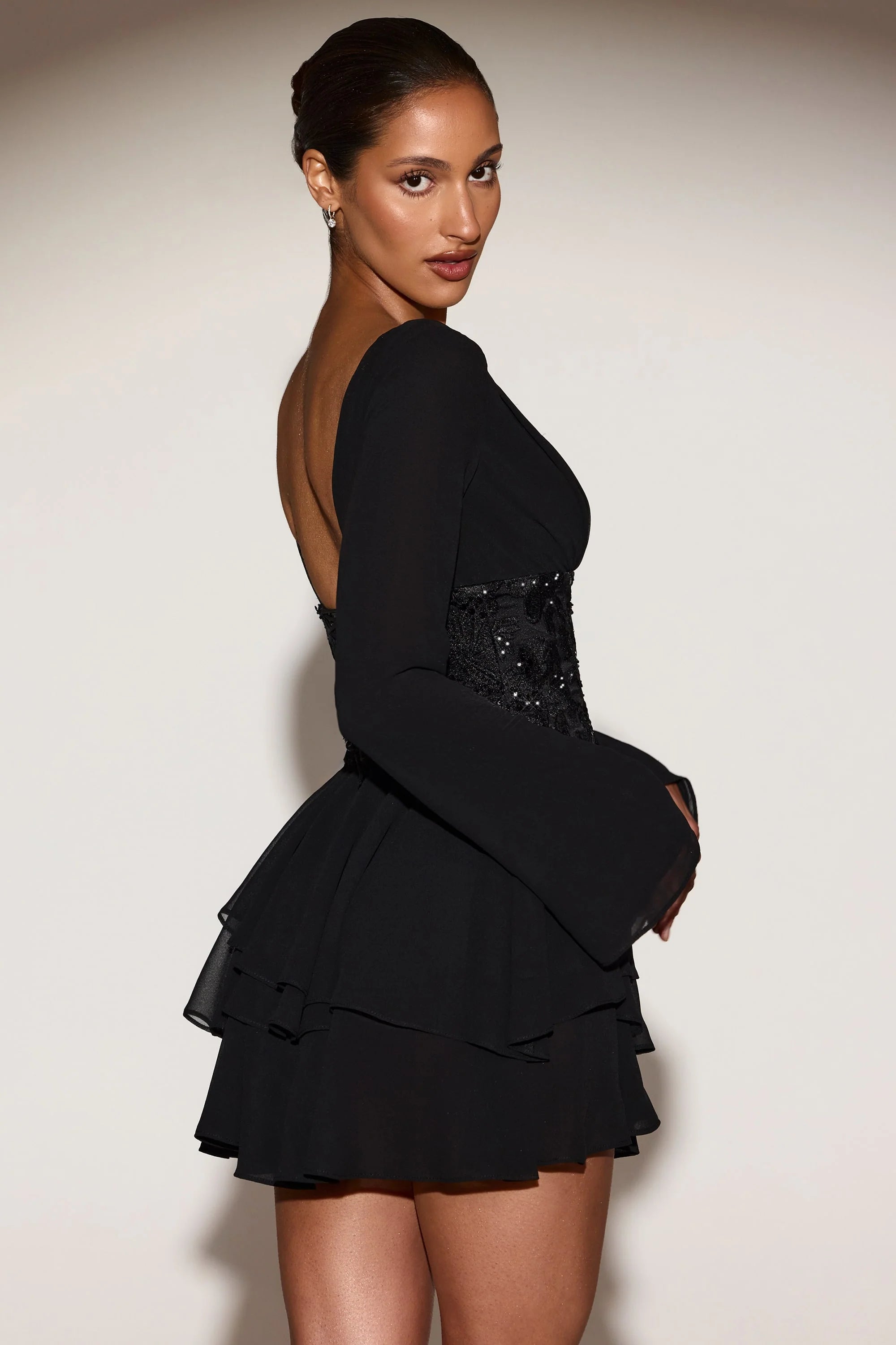 Embellished Corset A-line Mini Dress in Black