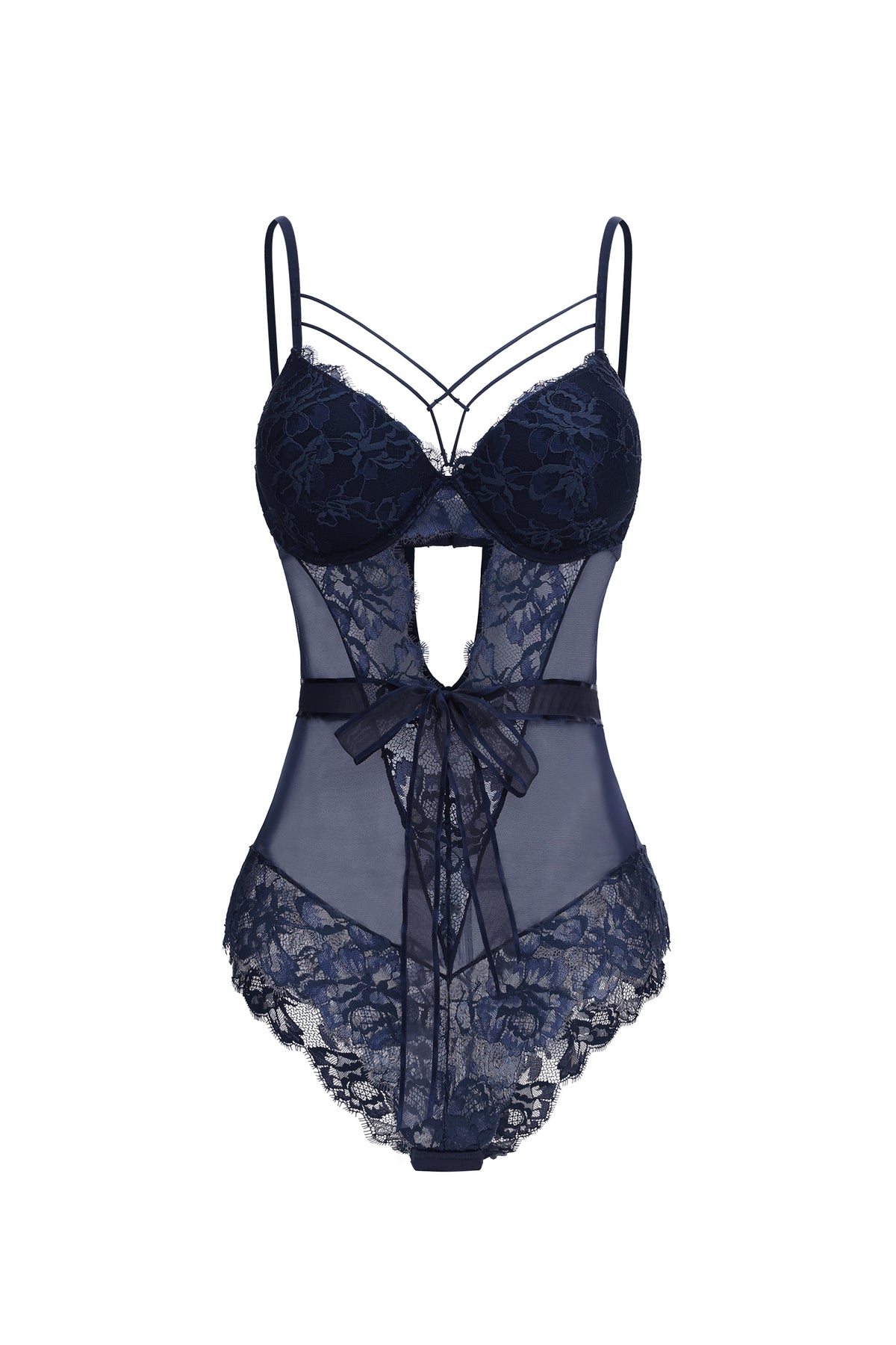Endora Sexy Contour Cut Out Bow Lace Blue Bodysuit