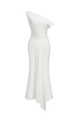 Paulina Oblique Shoulder Sleeveless Folds Midi Dress