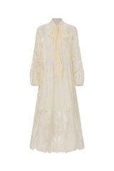 Deliyn Resort Flowy Long Sleeve Embroidered Mesh Lace Yellow Maxi Dress