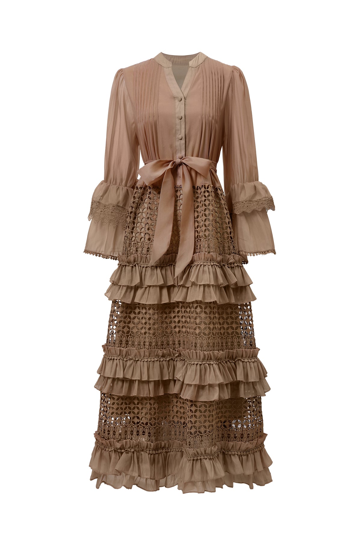 Hakula Resort Flowy Long Sleeve Falbala Lace Woven Maxi Dress