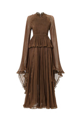 Ethel Resort Flowy Long Sleeve Ruffle Pleated Woven Maxi Dress