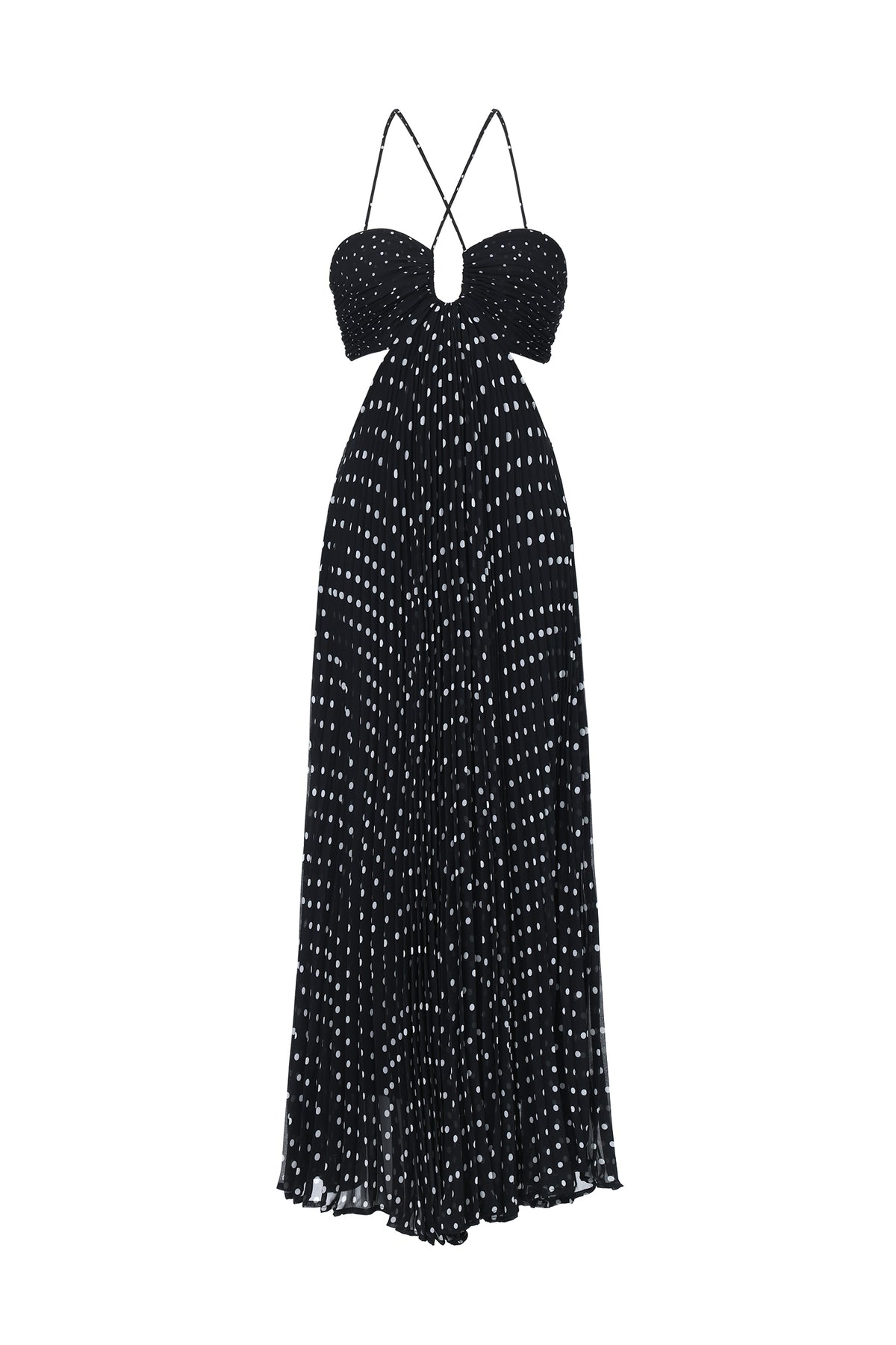 Loka Resort Flowy Sleeveless Cut Out Pleated Polka Dot Woven Maxi Dress