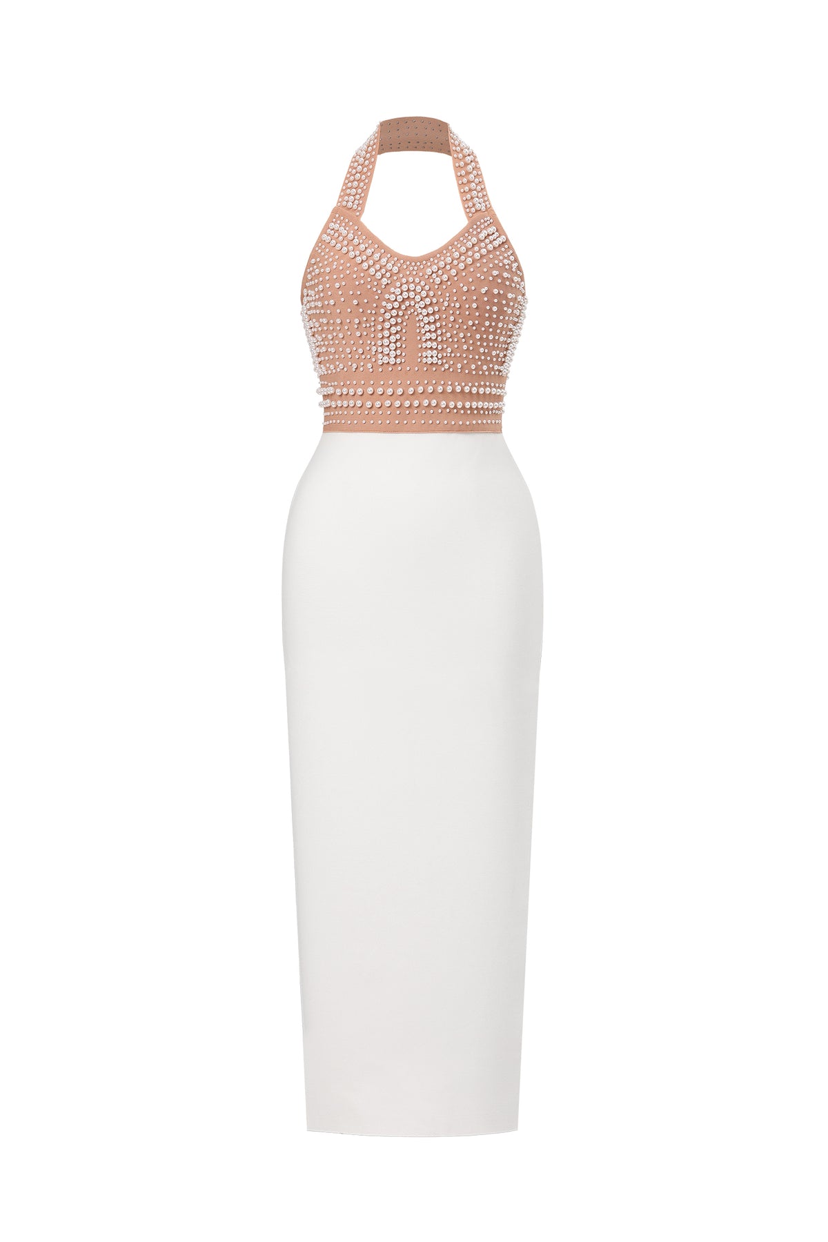 Cornelia Pearl Halter Bandage Dress - Beige