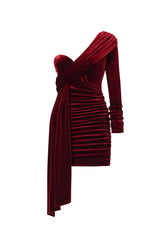 Faithe One Shoulder Pleated Velvet Dress