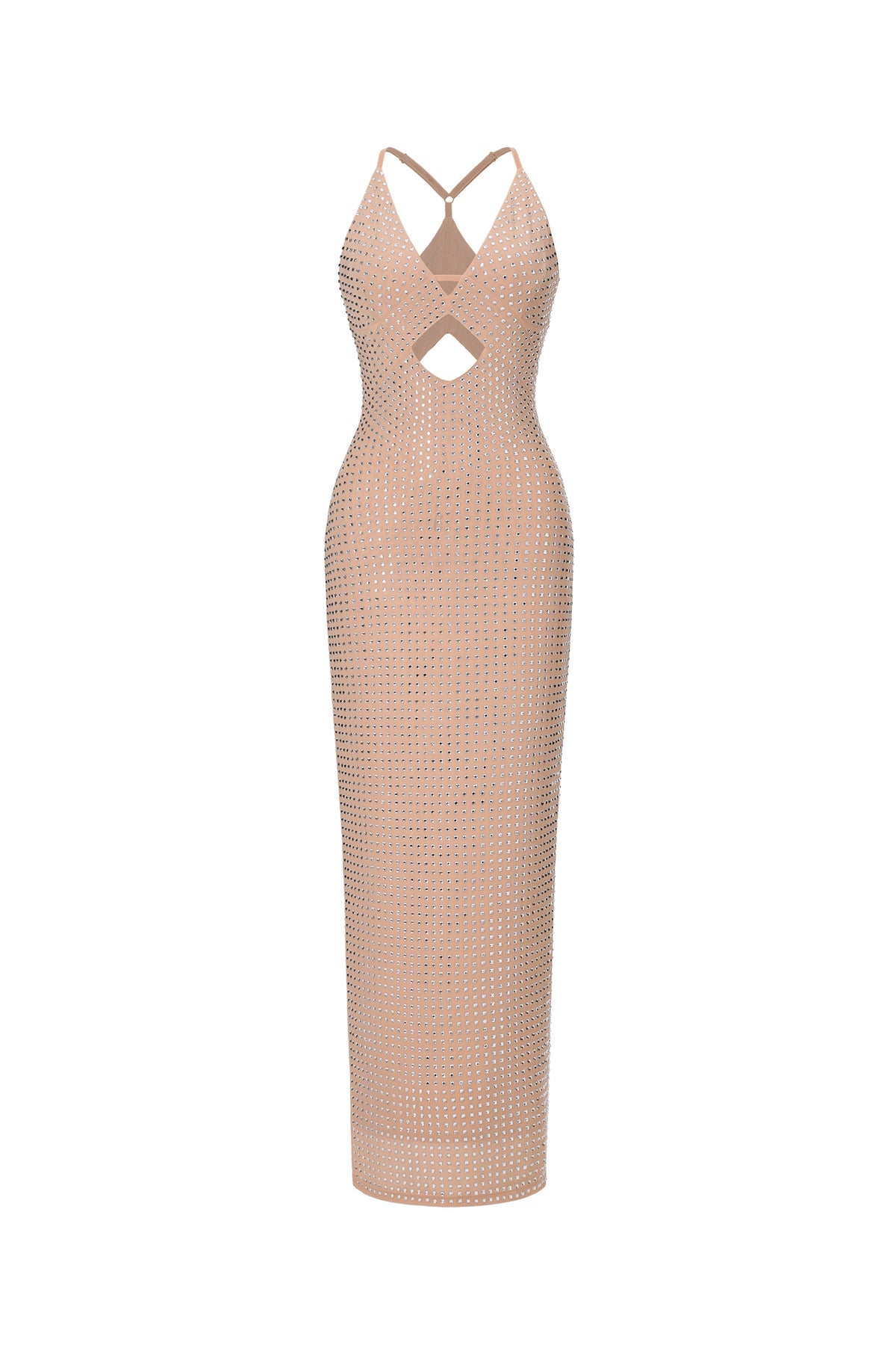 Yetta Diamante Sleeveless Midi Mesh Dress - Beige