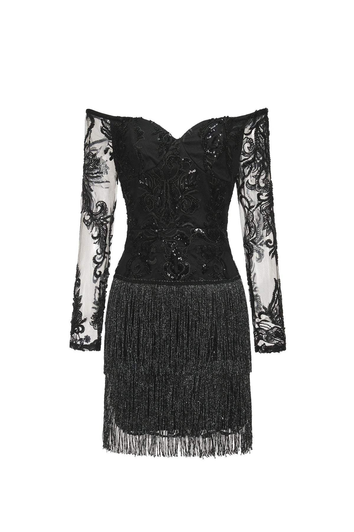 Ludia Lace Sequins Off Shoulder Fringe Mini Dress