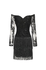 Ludia Lace Sequins Off Shoulder Fringe Mini Dress